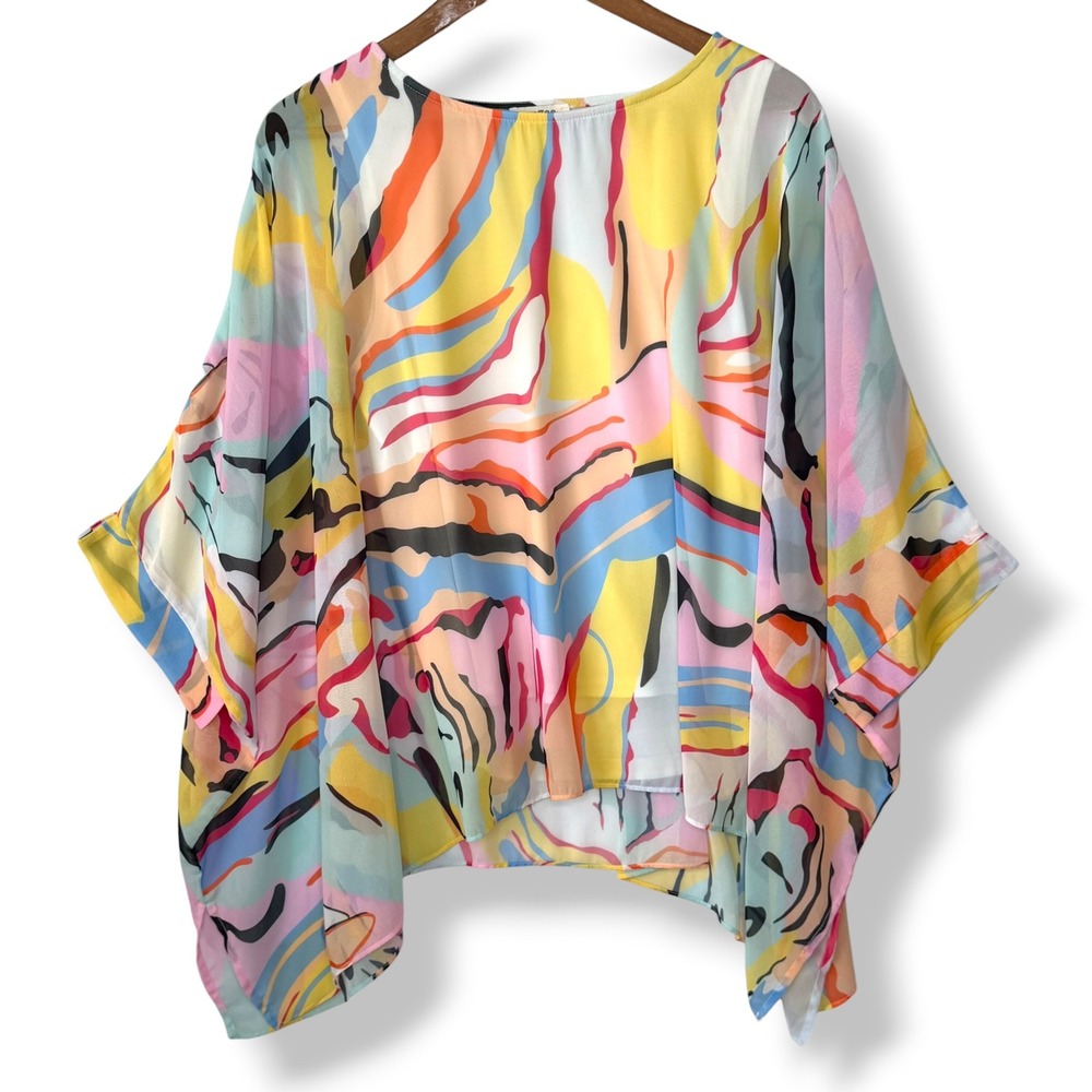 Umgee Flowy Top S Abstract Chiffon Kimono Sleeve Lined Watercolor Boho Colorful